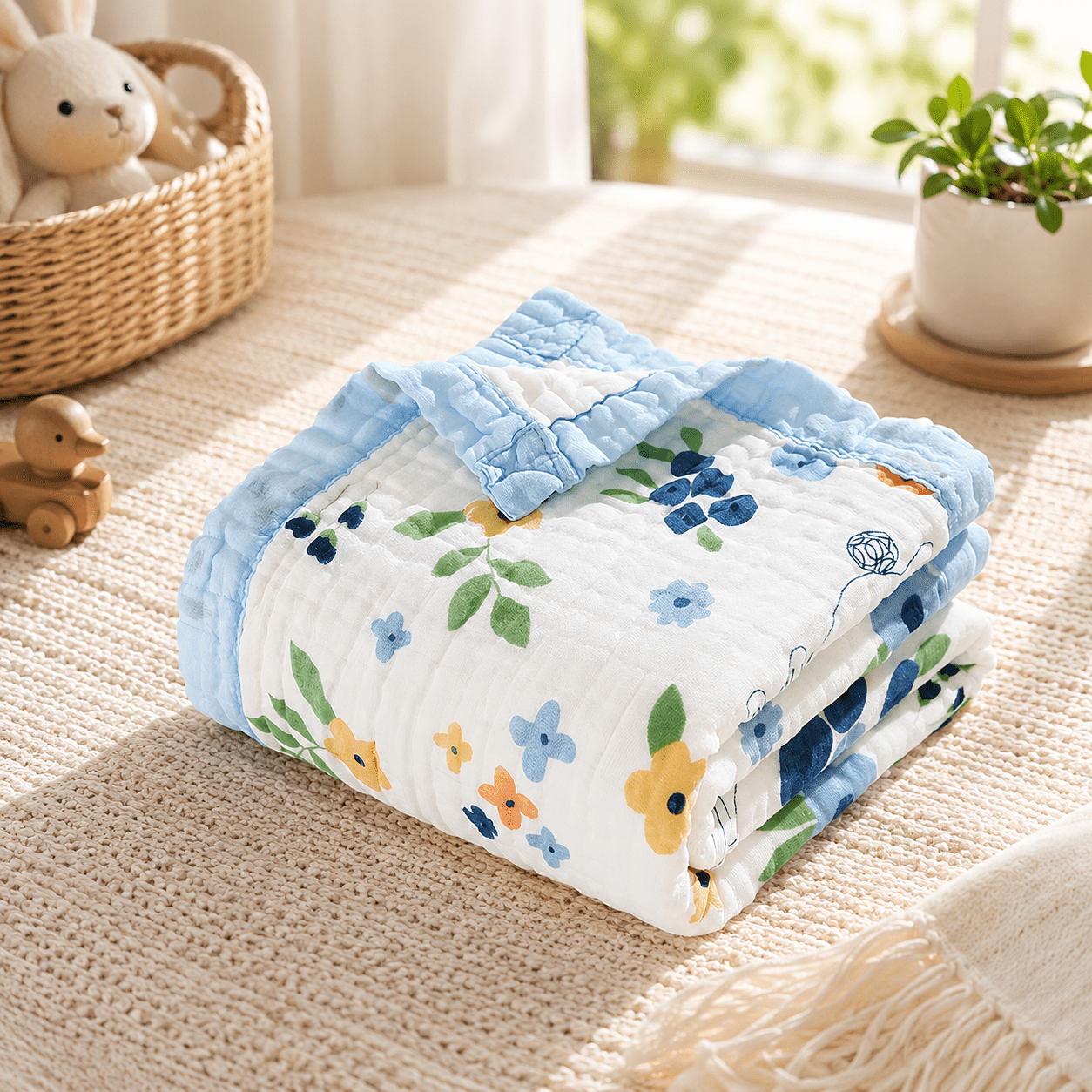 Folded Tussock Rabbit pattern swaddle blanket with blue trim and floral print